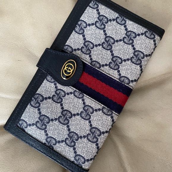 Vintage GUCCI Long Wallet Sherry GG Web Stripe Canvas Leather - Picture 1 of 10